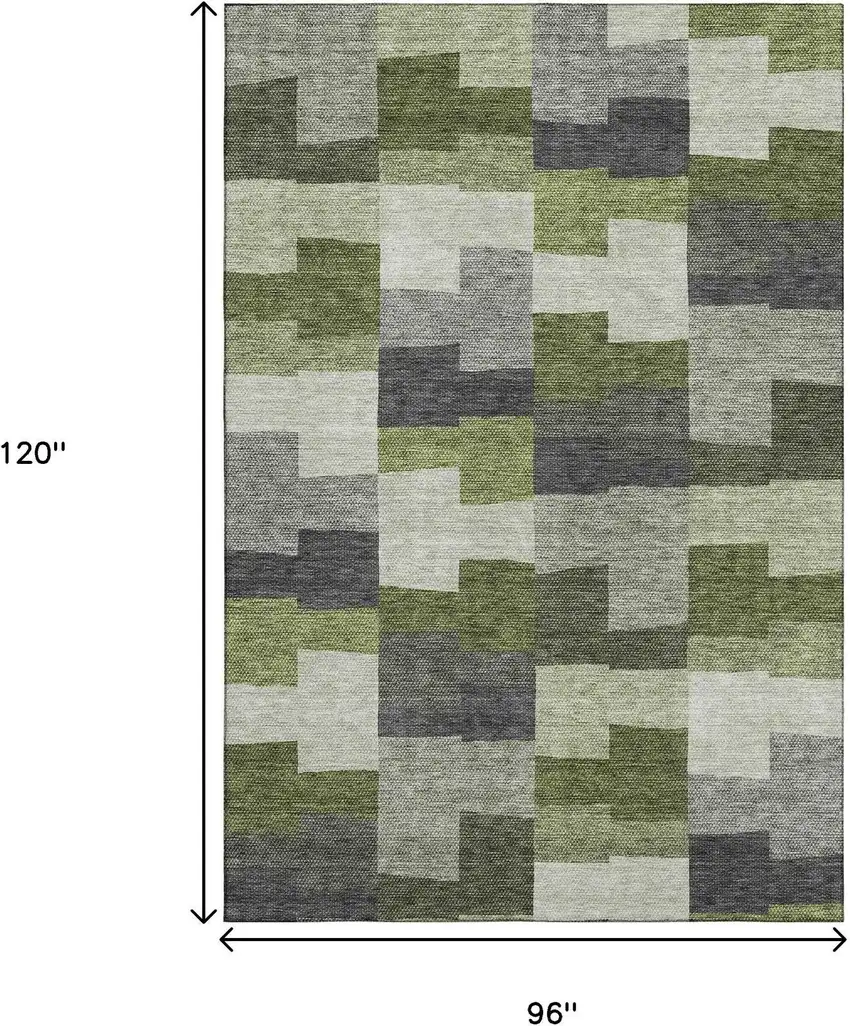 Olive Green Gray And Ivory Geometric Washable Area Rug With UV Protection Photo 3