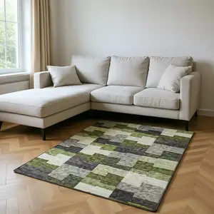 Photo of Olive Green Gray And Ivory Geometric Washable Area Rug With UV Protection