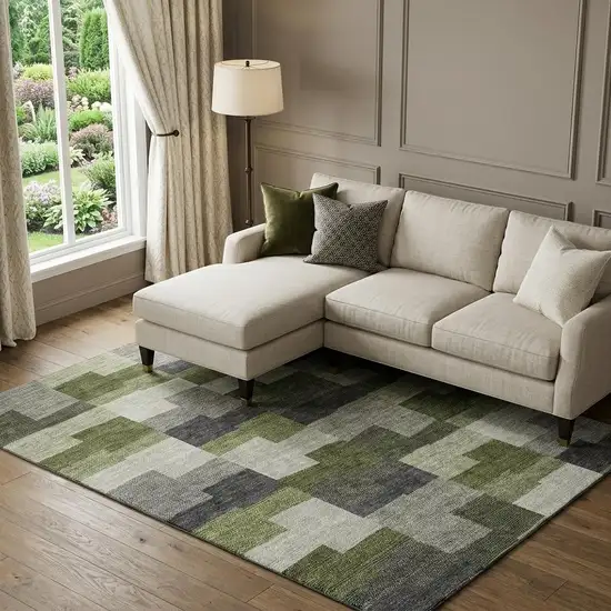 Olive Green Gray And Ivory Geometric Washable Area Rug With UV Protection Photo 1