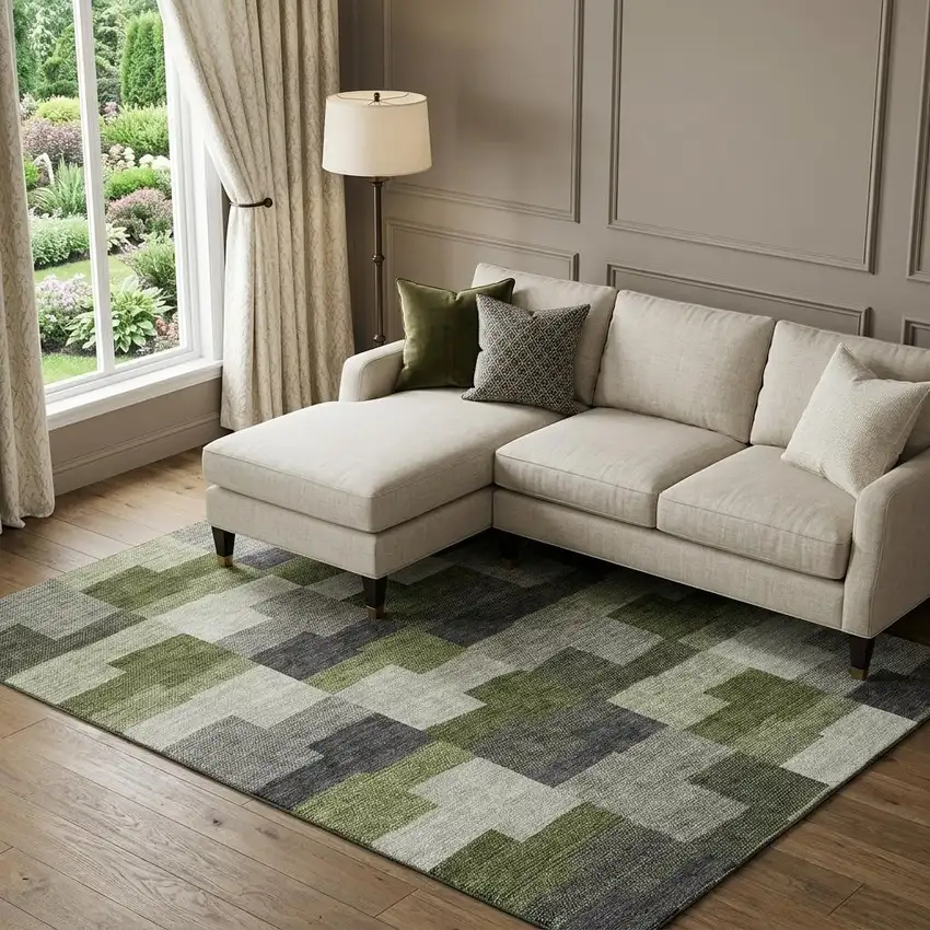 Olive Green Gray And Ivory Geometric Washable Area Rug With UV Protection Photo 1