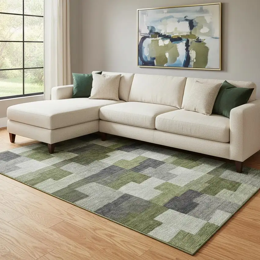 Olive Green Gray And Ivory Geometric Washable Area Rug With UV Protection Photo 1
