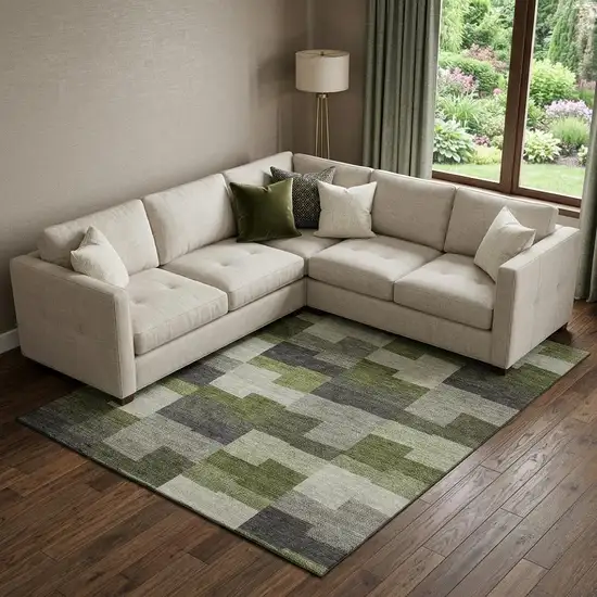 Olive Green Gray And Ivory Geometric Washable Area Rug With UV Protection Photo 1