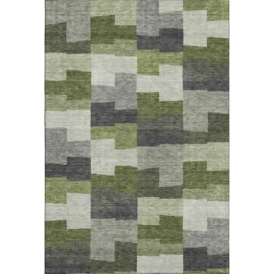 Olive Green Gray And Ivory Geometric Washable Area Rug With UV Protection Photo 2