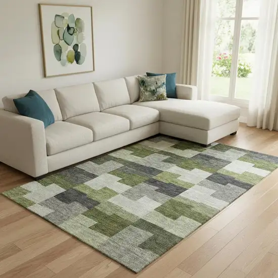 Olive Green Gray And Ivory Geometric Washable Area Rug With UV Protection Photo 1