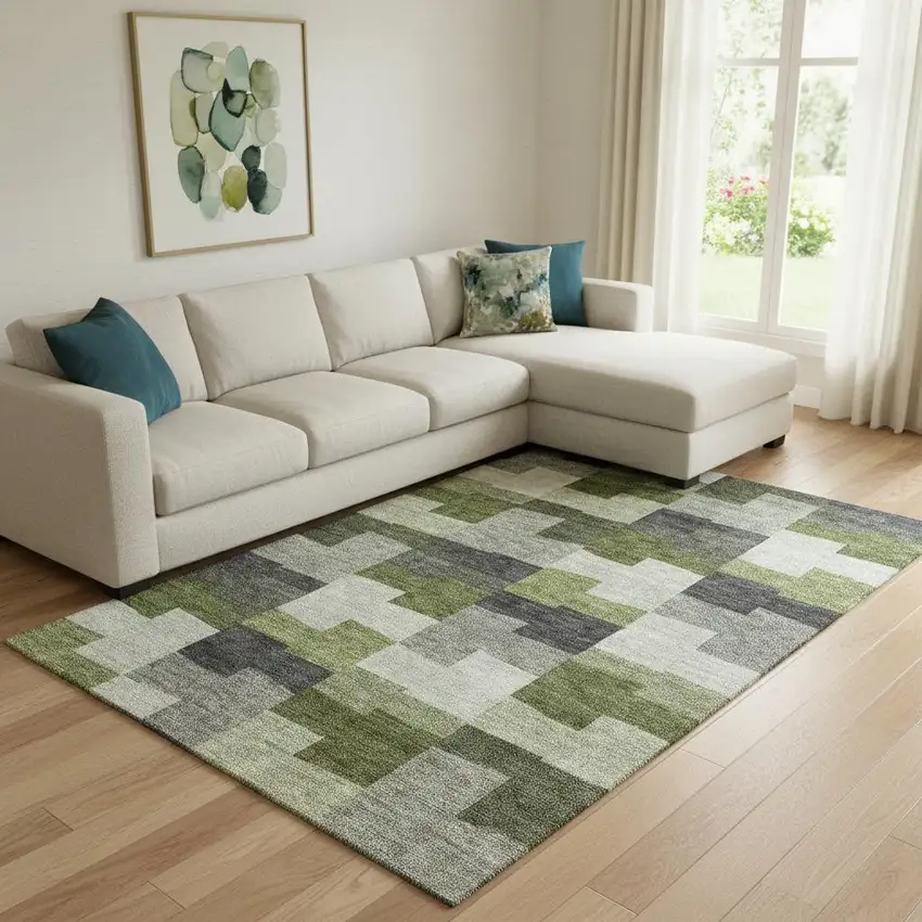 Olive Green Gray And Ivory Geometric Washable Area Rug With UV Protection Photo 1