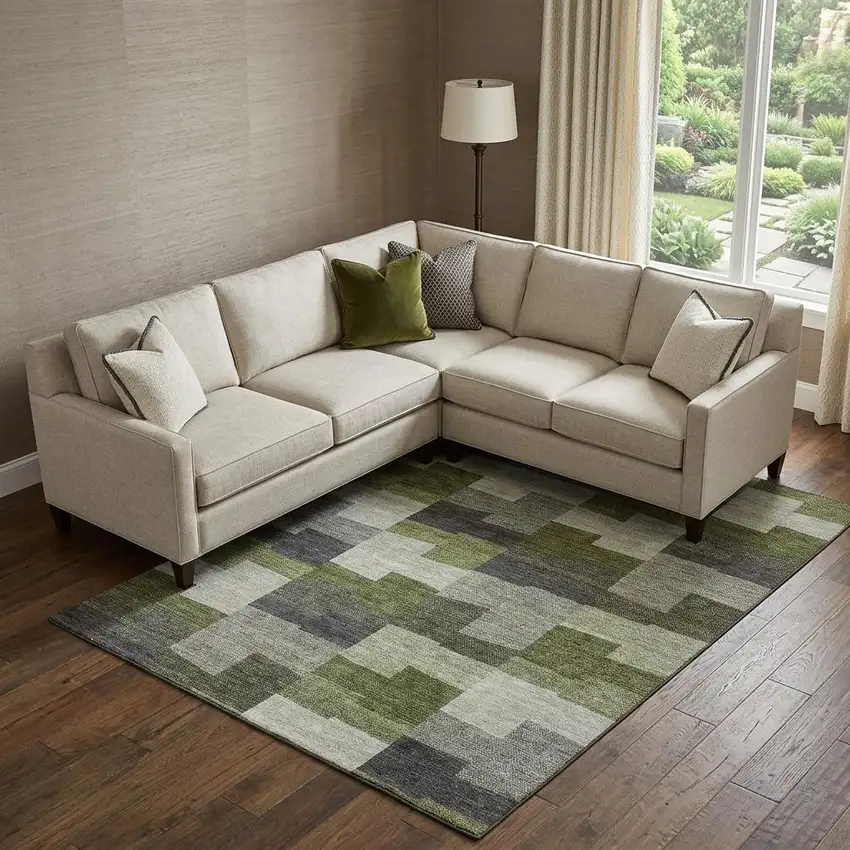 Olive Green Gray And Ivory Geometric Washable Area Rug With UV Protection Photo 1