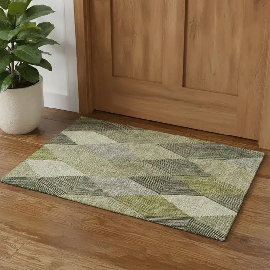 Olive Green Gray And Ivory Geometric Washable Area Rug With UV Protection Photo 1