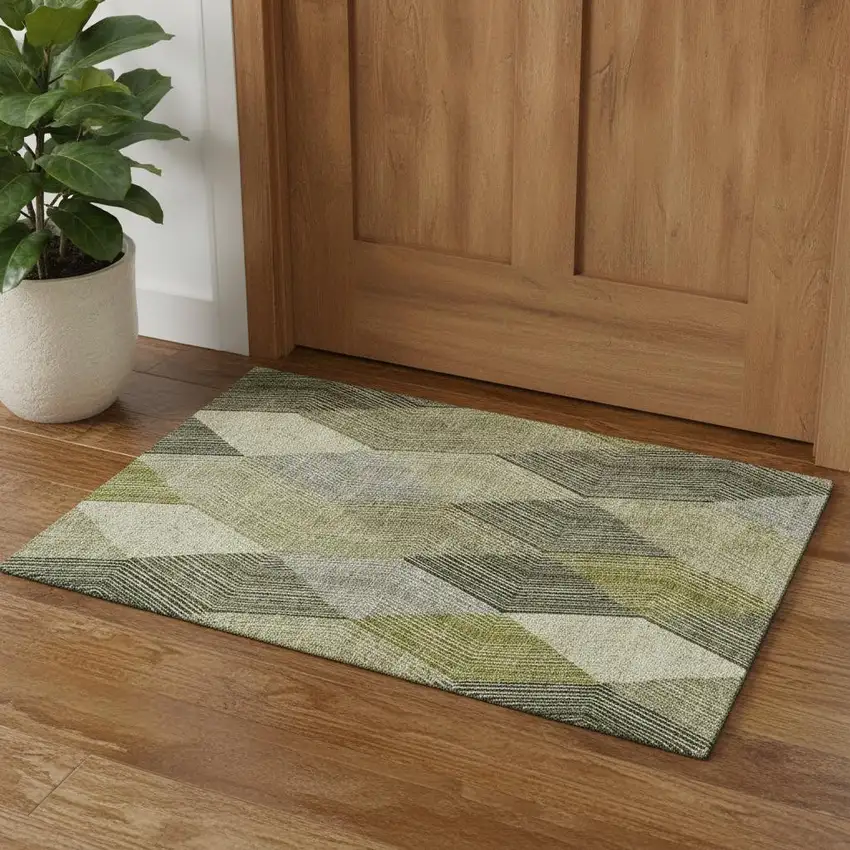 Olive Green Gray And Ivory Geometric Washable Area Rug With UV Protection Photo 1