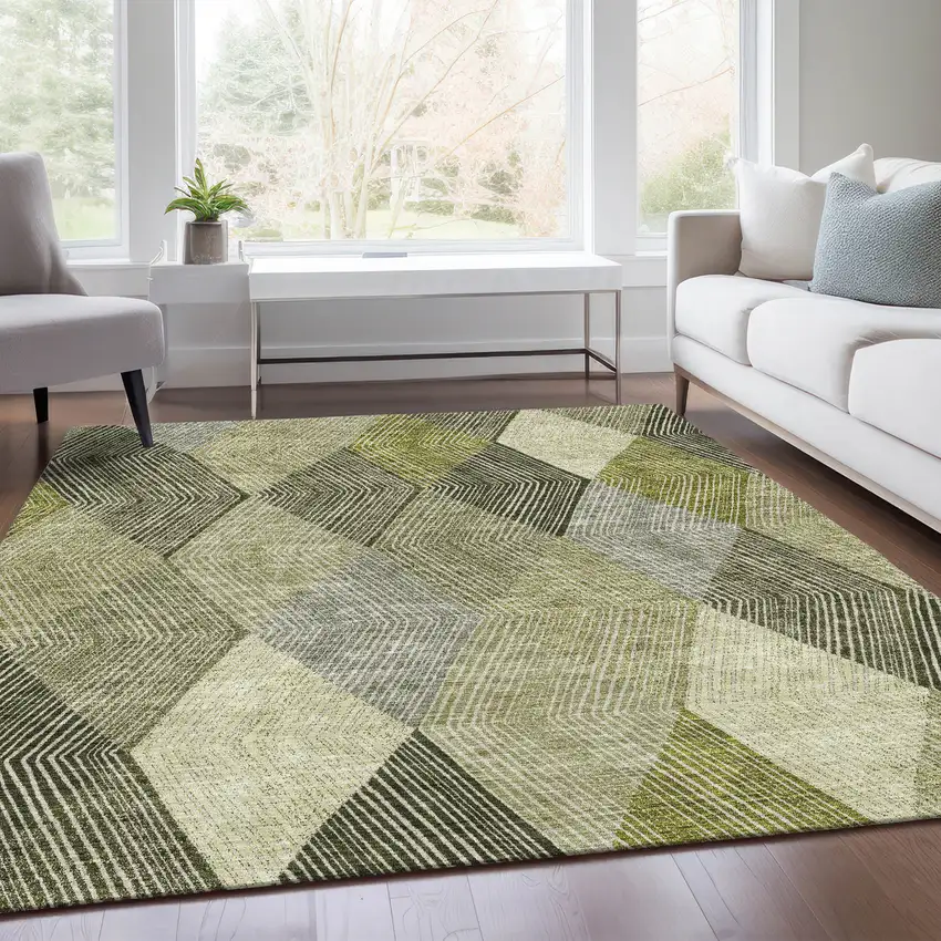 Olive Green Gray And Ivory Geometric Washable Area Rug With UV Protection Photo 3