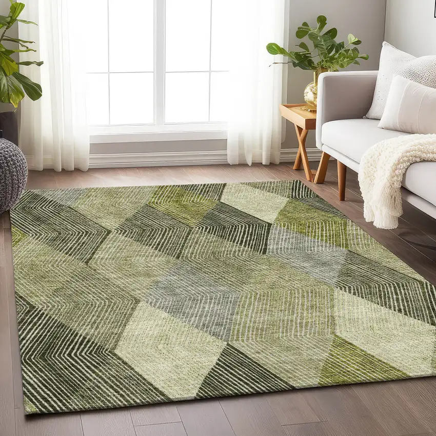 Olive Green Gray And Ivory Geometric Washable Area Rug With UV Protection Photo 2