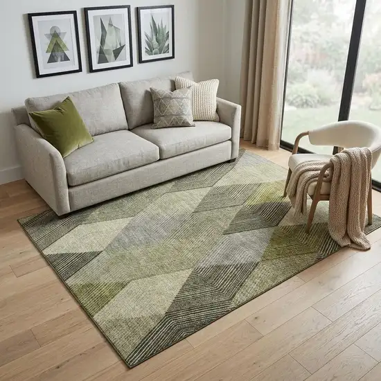 Olive Green Gray And Ivory Geometric Washable Area Rug With UV Protection Photo 1