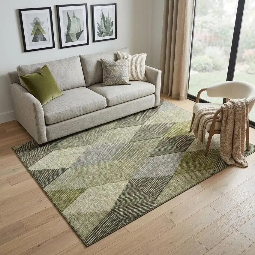 Olive Green Gray And Ivory Geometric Washable Area Rug With UV Protection Photo 1