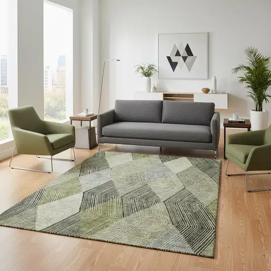 Olive Green Gray And Ivory Geometric Washable Area Rug With UV Protection Photo 2