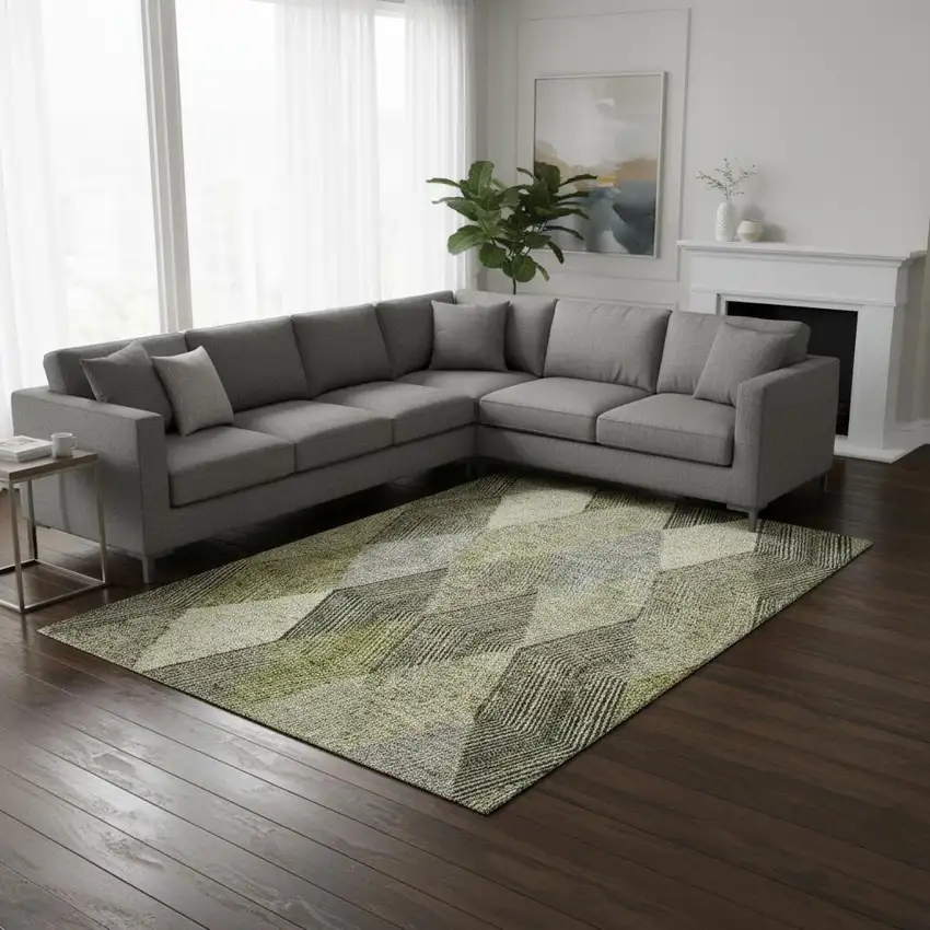 Olive Green Gray And Ivory Geometric Washable Area Rug With UV Protection Photo 2