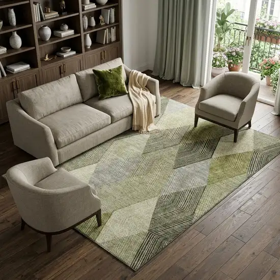 Olive Green Gray And Ivory Geometric Washable Area Rug With UV Protection Photo 1
