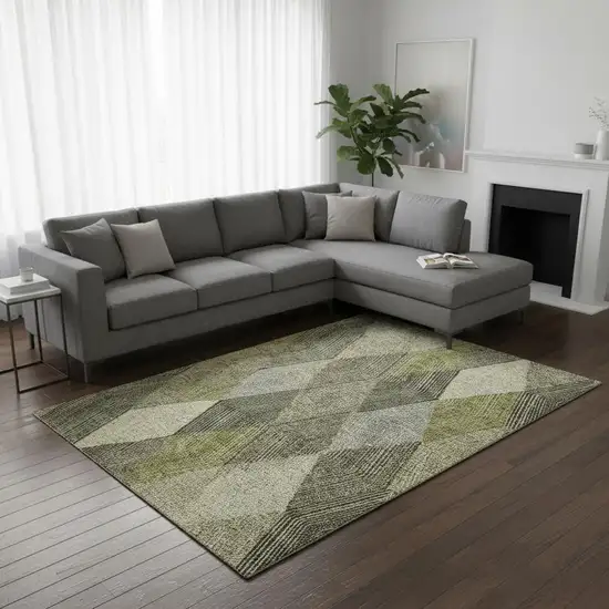 Olive Green Gray And Ivory Geometric Washable Area Rug With UV Protection Photo 2