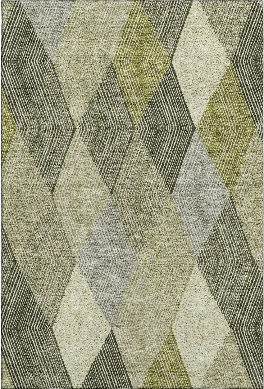 Olive Green Gray And Ivory Geometric Washable Area Rug With UV Protection Photo 1