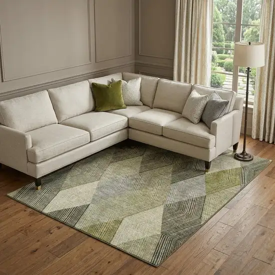 Olive Green Gray And Ivory Geometric Washable Area Rug With UV Protection Photo 1