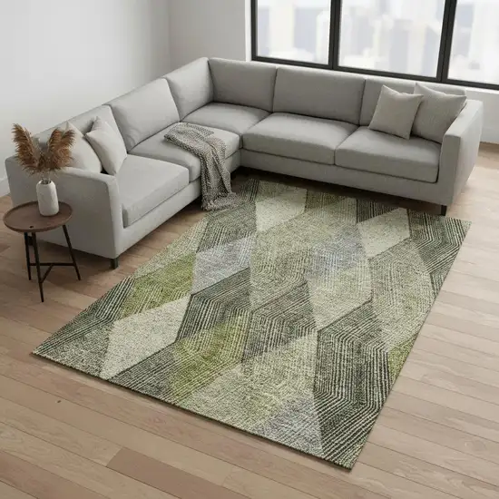 Olive Green Gray And Ivory Geometric Washable Area Rug With UV Protection Photo 2