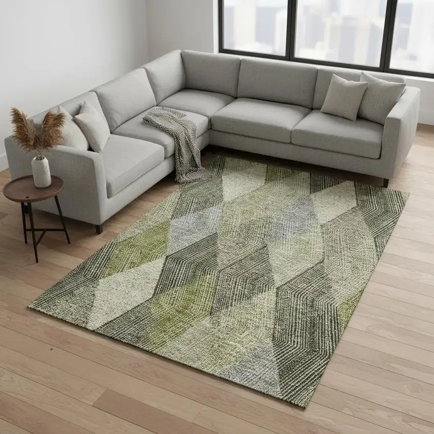 Olive Green Gray And Ivory Geometric Washable Area Rug With UV Protection Photo 2