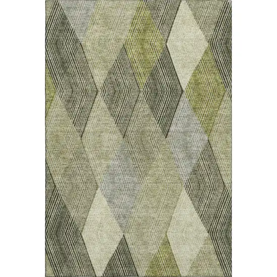 Olive Green Gray And Ivory Geometric Washable Area Rug With UV Protection Photo 1