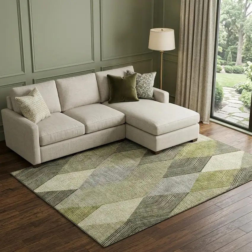 Olive Green Gray And Ivory Geometric Washable Area Rug With UV Protection Photo 1