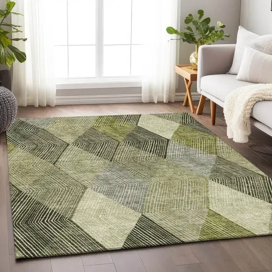 Olive Green Gray And Ivory Geometric Washable Area Rug With UV Protection Photo 3
