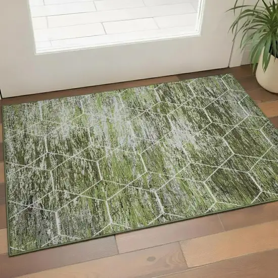 Olive Green Gray And Ivory Geometric Washable Area Rug With UV Protection Photo 2