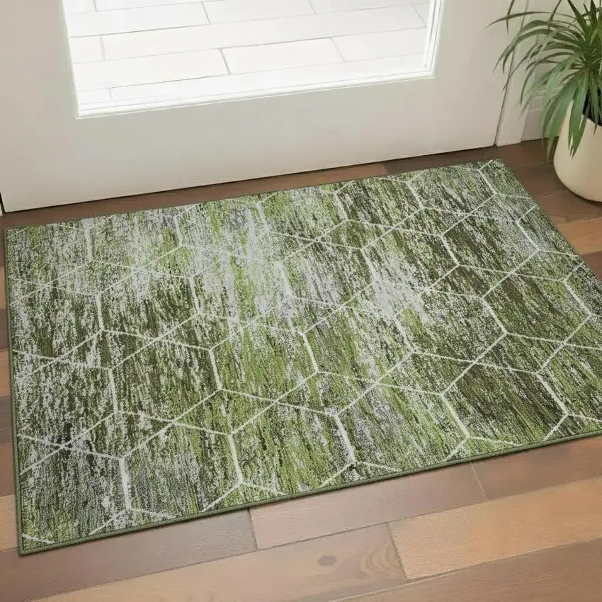 Olive Green Gray And Ivory Geometric Washable Area Rug With UV Protection Photo 2