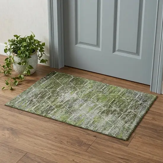 Olive Green Gray And Ivory Geometric Washable Area Rug With UV Protection Photo 1