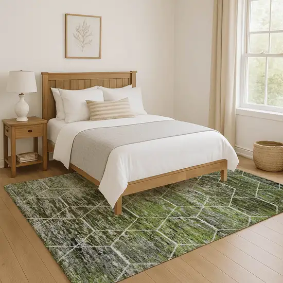 Olive Green Gray And Ivory Geometric Washable Area Rug With UV Protection Photo 5