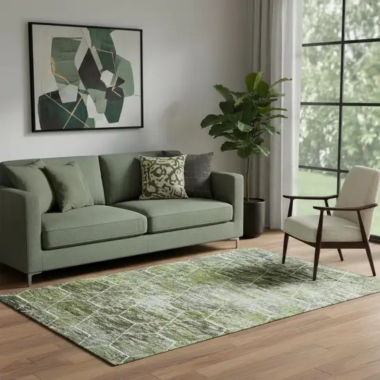 Olive Green Gray And Ivory Geometric Washable Area Rug With UV Protection Photo 2