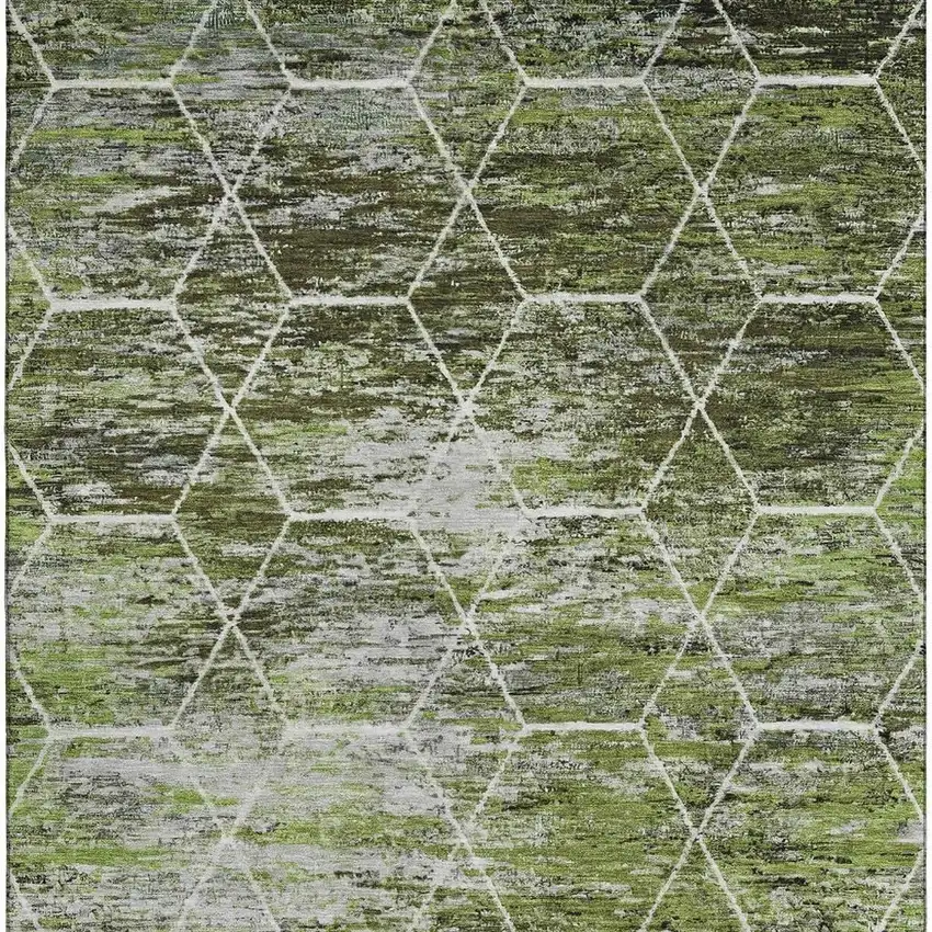 Olive Green Gray And Ivory Geometric Washable Area Rug With UV Protection Photo 2