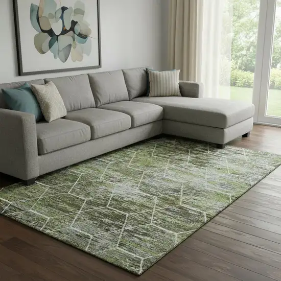 Olive Green Gray And Ivory Geometric Washable Area Rug With UV Protection Photo 2