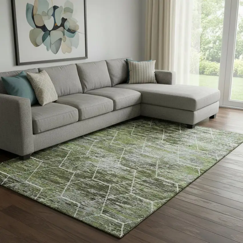 Olive Green Gray And Ivory Geometric Washable Area Rug With UV Protection Photo 2
