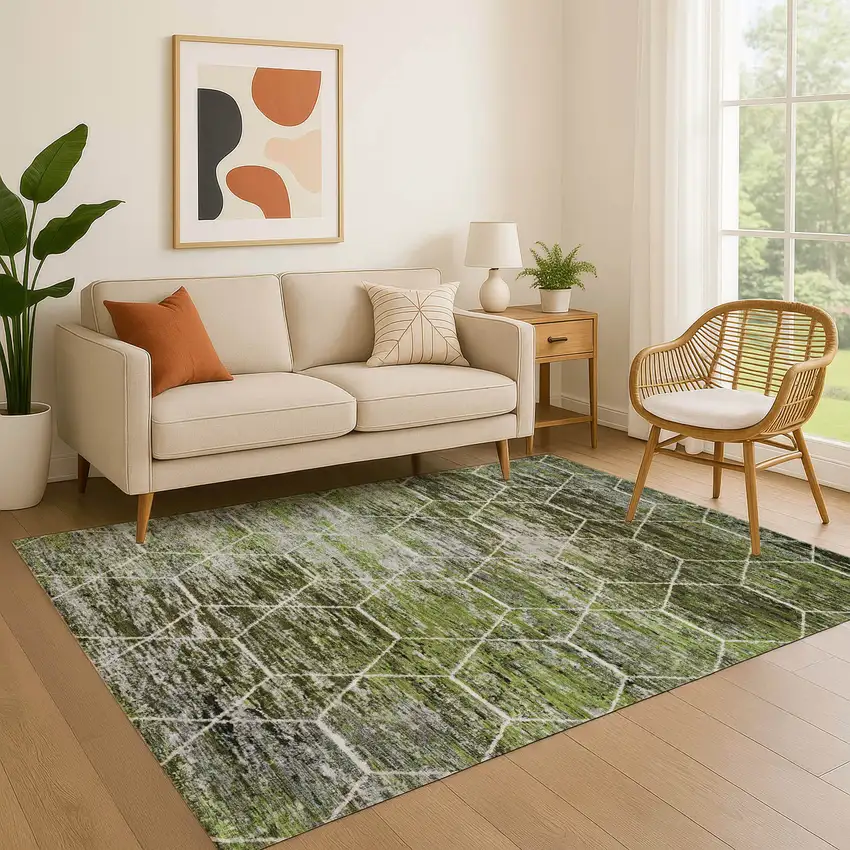 Olive Green Gray And Ivory Geometric Washable Area Rug With UV Protection Photo 4