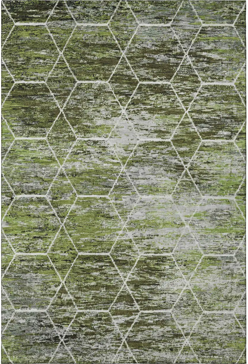 Olive Green Gray And Ivory Geometric Washable Area Rug With UV Protection Photo 3