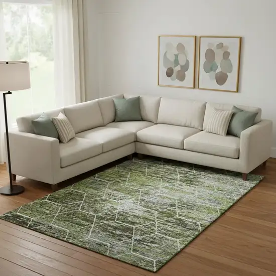 Olive Green Gray And Ivory Geometric Washable Area Rug With UV Protection Photo 2