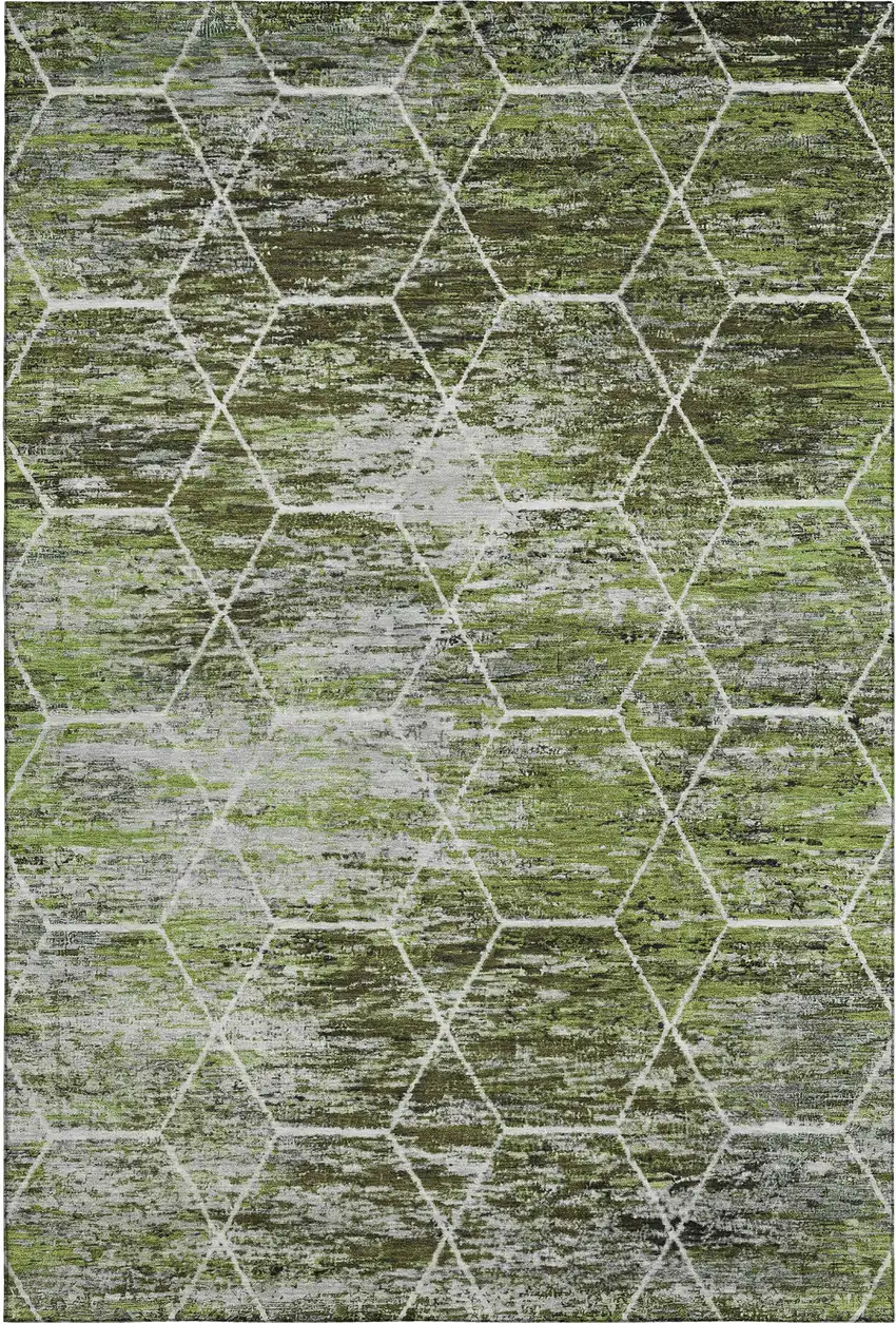 Olive Green Gray And Ivory Geometric Washable Area Rug With UV Protection Photo 1