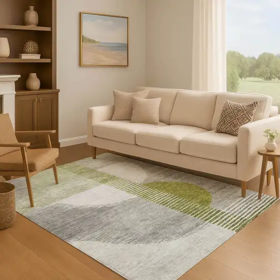 Olive Green Gray And Ivory Geometric Washable Area Rug With UV Protection Photo 6