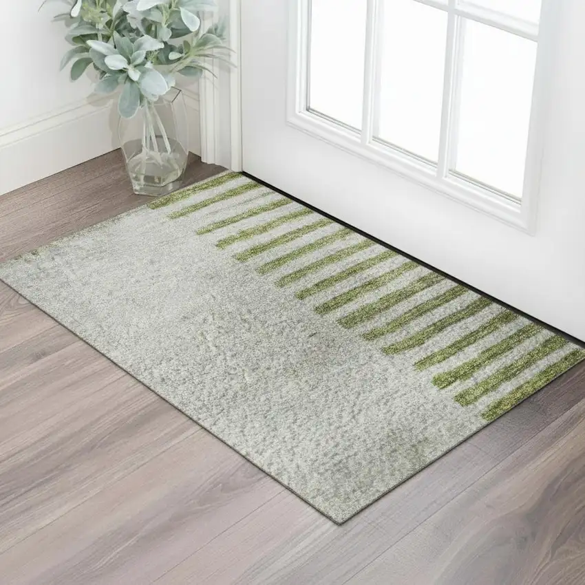 Olive Green Gray And Ivory Geometric Washable Area Rug With UV Protection Photo 2