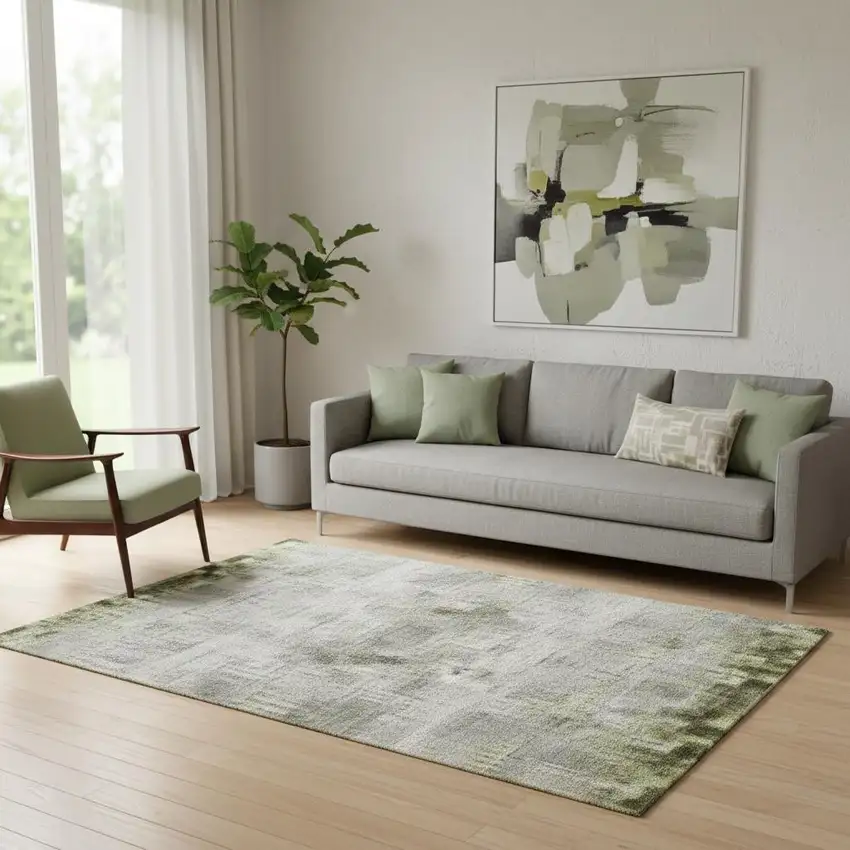 Olive Green Gray And Ivory Geometric Washable Area Rug With UV Protection Photo 2