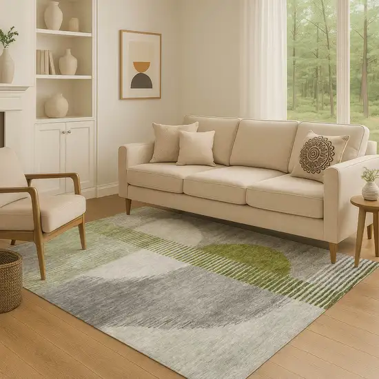 Olive Green Gray And Ivory Geometric Washable Area Rug With UV Protection Photo 4