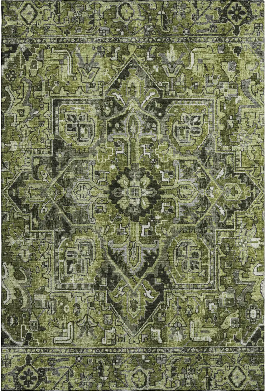 Olive Green Gray And Ivory Oriental Washable Area Rug With UV Protection Photo 1