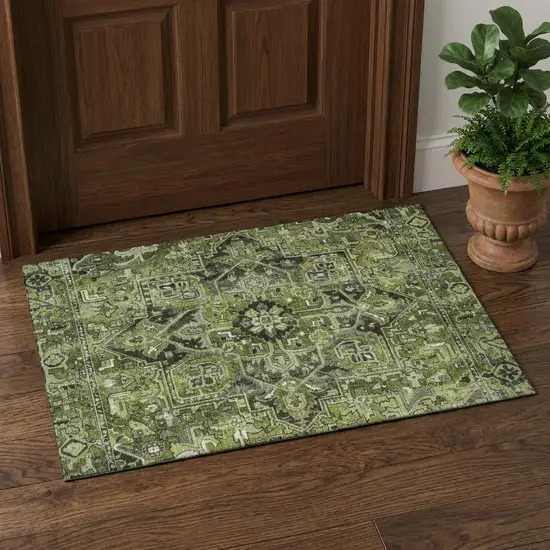 Olive Green Gray And Ivory Oriental Washable Area Rug With UV Protection Photo 1