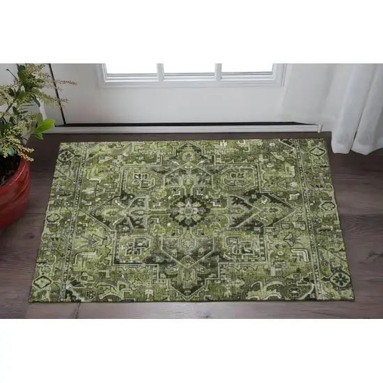 Olive Green Gray And Ivory Oriental Washable Area Rug With UV Protection Photo 2