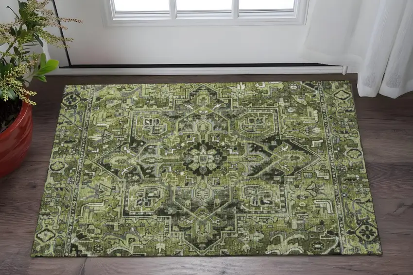 Olive Green Gray And Ivory Oriental Washable Area Rug With UV Protection Photo 2