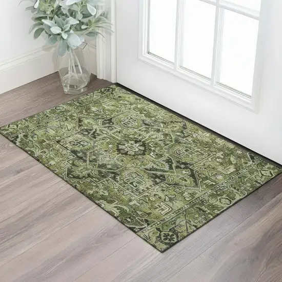 Olive Green Gray And Ivory Oriental Washable Area Rug With UV Protection Photo 1