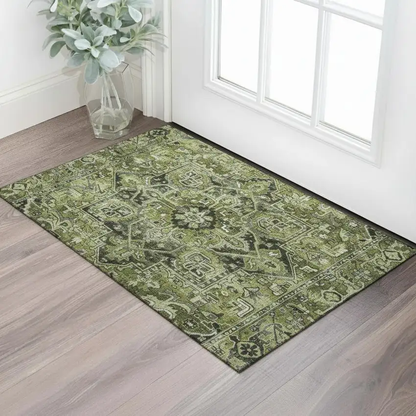 Olive Green Gray And Ivory Oriental Washable Area Rug With UV Protection Photo 1