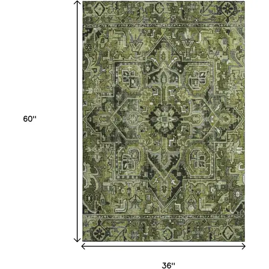 Olive Green Gray And Ivory Oriental Washable Area Rug With UV Protection Photo 3